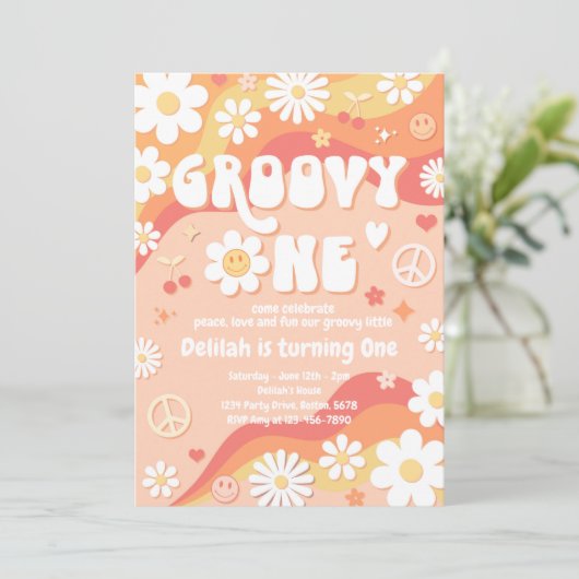 Groovy One Daisy Floral 70er Peace Hippie Birthday Einladung (Stehend Vorderseite)