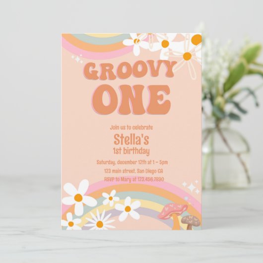 Groovy One Daisy Party Invitation (Stehend Vorderseite)