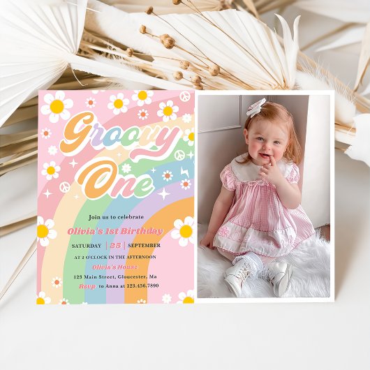 Groovy One Daisy Rainbow 1st Birthday Party Foto Einladung