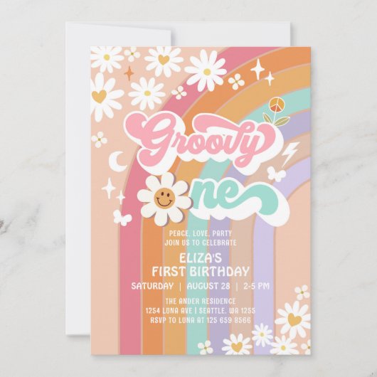 Groovy ONE Daisy Rainbow Hippie Retro Birthday Einladung (Vorderseite)