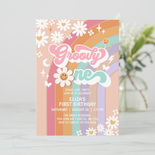 Groovy ONE Daisy Rainbow Hippie Retro Birthday Einladung (Stehend Vorderseite)