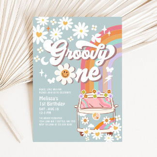 Groovy ONE Dusty Blue Daisy Hippie 1. Geburtstag Einladung