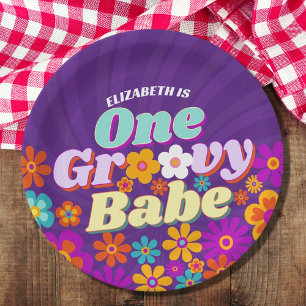 Groovy One farbenfrohe Retro Floral Geburtstag Pappteller