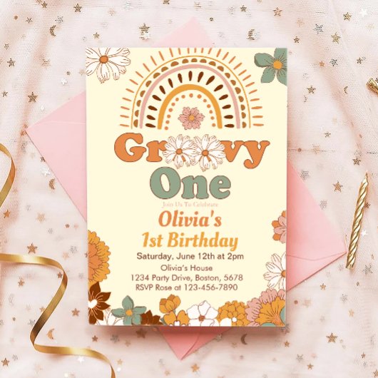 Groovy One Floral Rainbow 1. Geburtstag Einladung