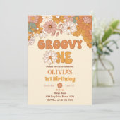 Groovy One Floral Retro 1. Geburtstag Einladung (Stehend Vorderseite)