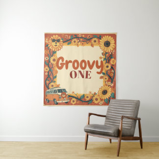 Groovy One Lion Geburtstag Retro 70er Erster Gebur Wandteppich