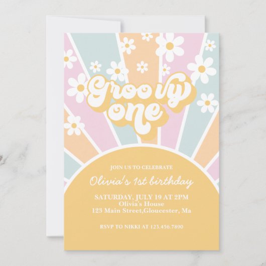 Groovy One Pastel Retro Sunshine daisine boho flor Einladung (Vorderseite)