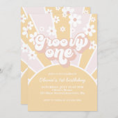 Groovy One Pastel Retro Sunshine daisine Pink Einladung (Vorne/Hinten)