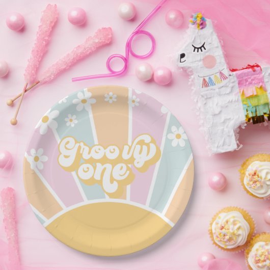 Groovy One pastel Retro Sunshine daisy boho Pappteller (Party)
