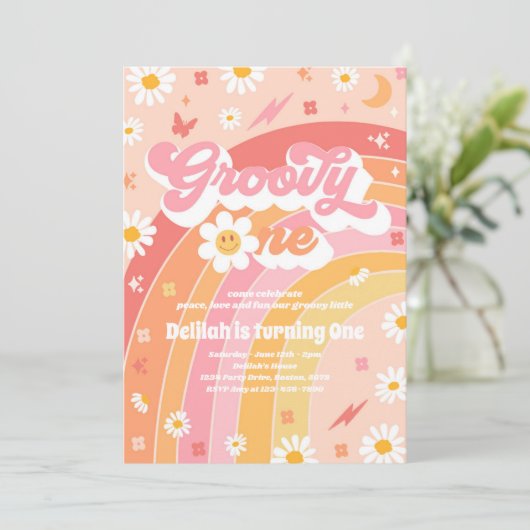 Groovy One Peace Liebe Party Rainbow Birthday Part Einladung (Stehend Vorderseite)