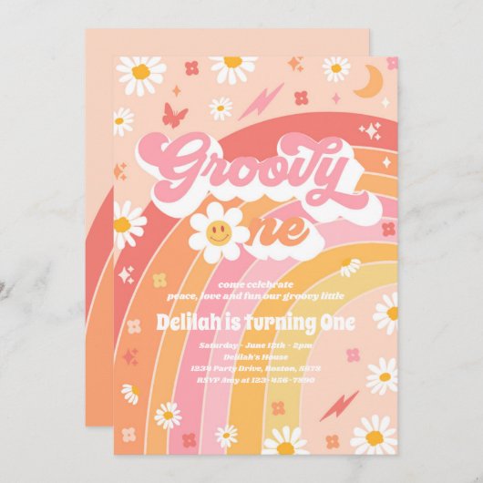 Groovy One Peace Liebe Party Rainbow Birthday Part Einladung (Vorne/Hinten)