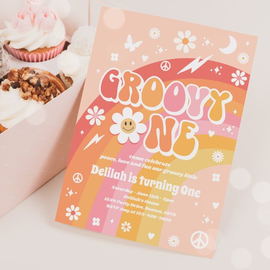 Groovy One Peace Liebe Party Rainbow Birthday Part Einladung