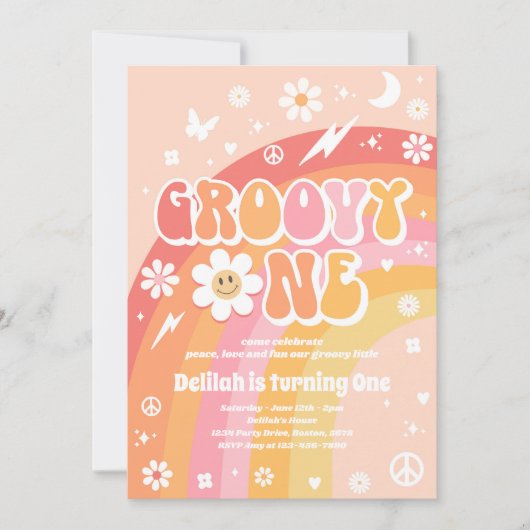 Groovy One Peace Liebe Party Rainbow Birthday Part Einladung (Vorderseite)