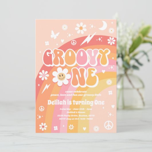 Groovy One Peace Liebe Party Rainbow Birthday Part Einladung (Stehend Vorderseite)