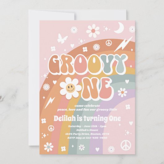 Groovy One Peace Liebe Party Rainbow Birthday Part Einladung (Vorderseite)