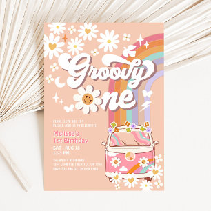 Groovy ONE Pink Daisy Rainbow Hippie 1. Geburtstag Einladung
