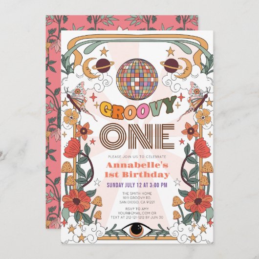 Groovy One Psychedelic Retro Girl 1. Geburtstag Einladung (Vorne/Hinten)