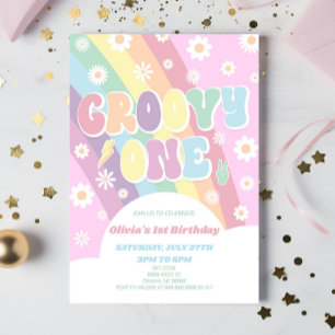 Groovy One Rainbow Daisy Retro 1. Geburtstag Party Einladung