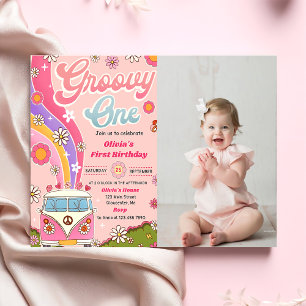 Groovy One Rainbow Floral 1. Geburtstag Party Foto Einladung