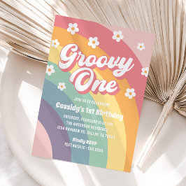 Groovy One Retro 70er Rainbow Daisy 1. Geburtstag Einladung
