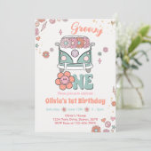 Groovy One Retro Blume 1. Geburtstag Einladung (Stehend Vorderseite)