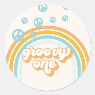 Groovy One Retro Boy 1. Geburtstag Papierplatten Runder Aufkleber