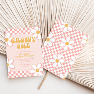 Groovy One Retro Check Pink Daisy Einladung