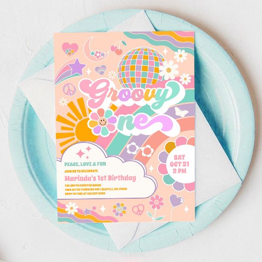 Groovy One Retro Daisy 1st Birthday Invitation Einladung
