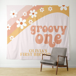 Groovy One Retro Daisy Birthday Banner Wandteppich