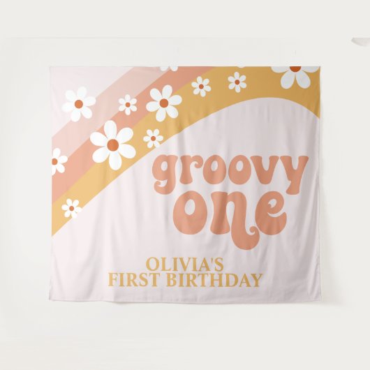 Groovy One Retro Daisy Birthday Banner Wandteppich (Vorderseite (Horizontal))