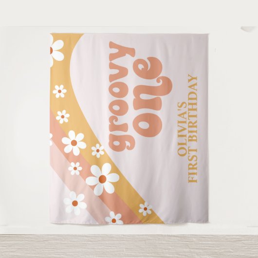 Groovy One Retro Daisy Birthday Banner Wandteppich (Vorderseite)