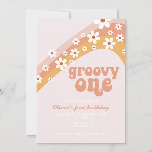 Groovy One Retro daisy boho blumengeschmückt erste Einladung (Vorderseite)