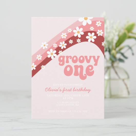 Groovy One Retro daisy boho blumengeschmückt erste Einladung (Stehend Vorderseite)