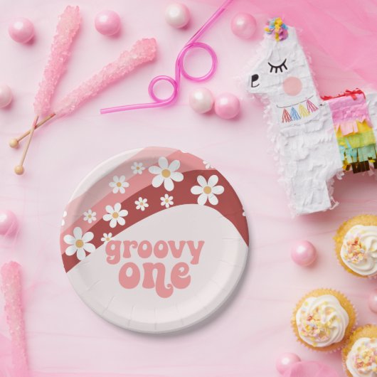 Groovy One Retro daisy boho blumengeschmückt erste Pappteller (Party)