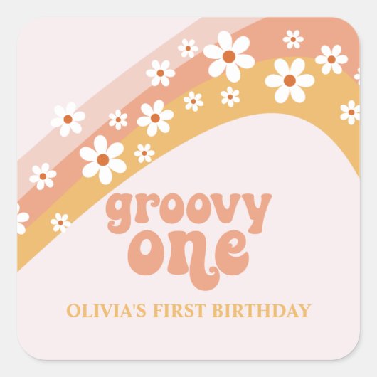 Groovy one Retro Daisy Boho Rainbow Square Sticker (Vorderseite)