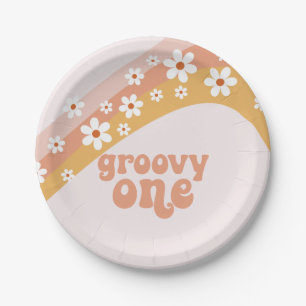 Groovy One Retro Daisy Boho Regenbogen-Papierplatt Pappteller