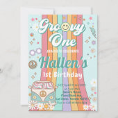 Groovy One Retro Daisy Rainbow Erster Geburtstag Einladung (Vorderseite)