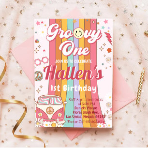 Groovy One Retro Daisy Rainbow Erster Geburtstag Einladung