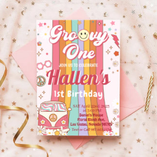 Groovy One Retro Daisy Rainbow Erster Geburtstag Einladung