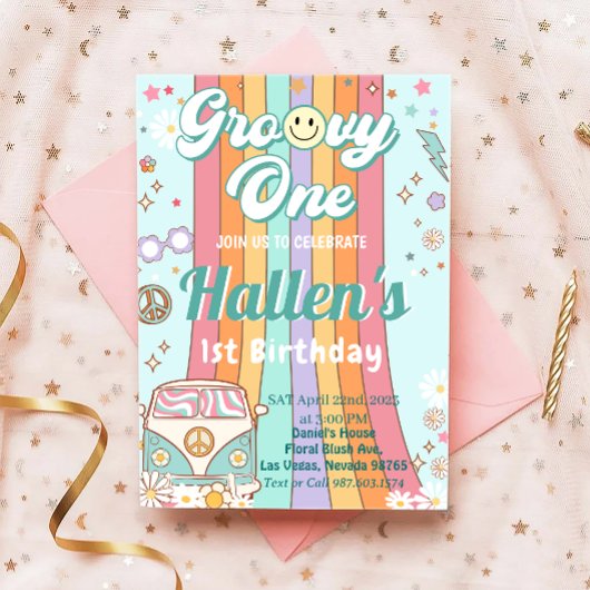 Groovy One Retro Daisy Rainbow Erster Geburtstag Einladung
