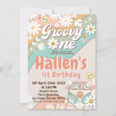 Groovy One Retro Daisy Rainbow Erster Geburtstag Einladung (Vorderseite)