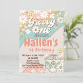 Groovy One Retro Daisy Rainbow Erster Geburtstag Einladung (Stehend Vorderseite)