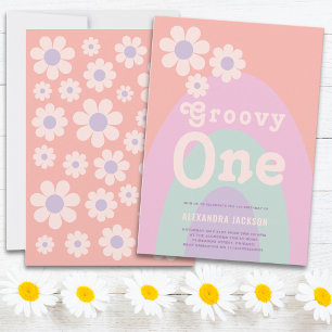 Groovy One Retro Daisy Regenbogen 1. Geburtstagsfe Einladung