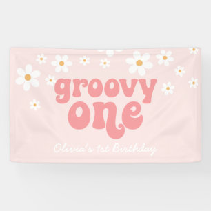 Groovy One Retro Daisy Rosa 1. Geburtstagsbanner Banner