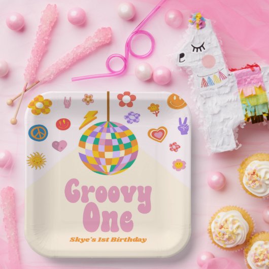 Groovy One Retro Disco Ball 1st Birthday Party Pappteller (Party)