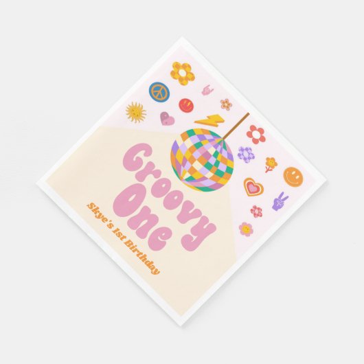 Groovy One Retro Disco Ball 1st Birthday Party Serviette (Ecke)