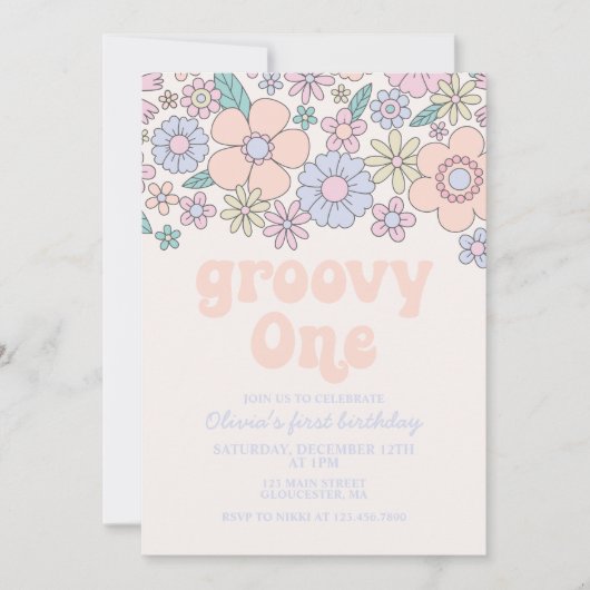 Groovy One Retro Floral 1. Geburtstag Einladung (Vorderseite)
