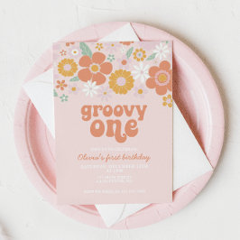 Groovy One Retro Floral erster Geburtstag Einladung