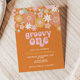 Groovy One Retro Floral erster Geburtstag Einladung