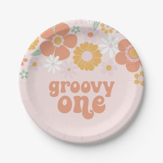 Groovy One Retro Floral Geburtstag Papier Teller (Vorderseite)